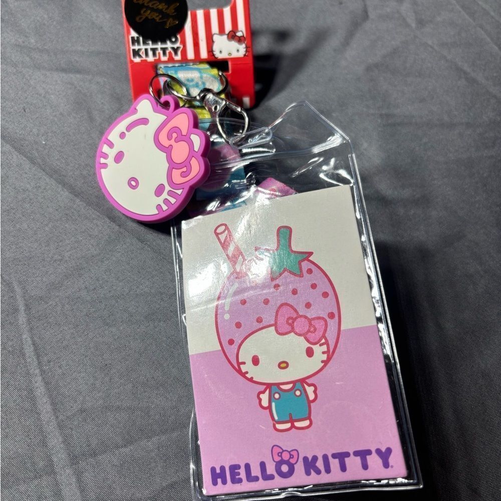 New Hello Kitty Strawberry Milk 22”  Lanyard Rubber Charm & Clear ID Sleeve NWT